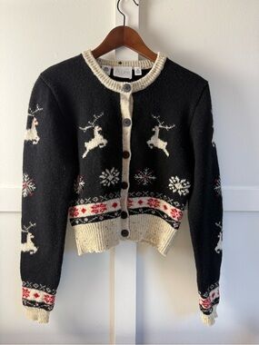 Anne Klein Black & Cream Reindeer Fair Isle Cardigan Sweater